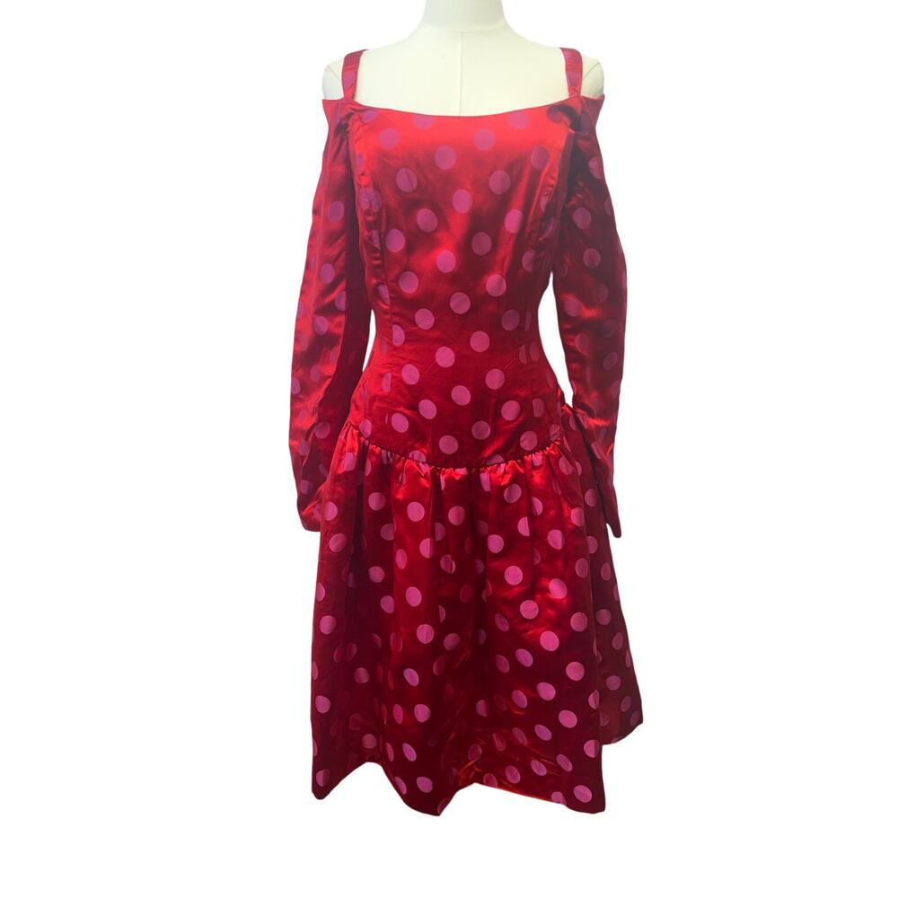 ANN LAWRENCE Saks fifth avenue Red Silk dress pink polka dot size 8